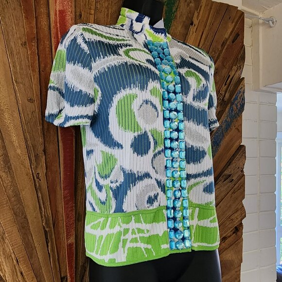 Y2K St. John SoCa blue/green rhinestone jacquard viscose/metallic cardigan Sz S - Picture 1 of 8